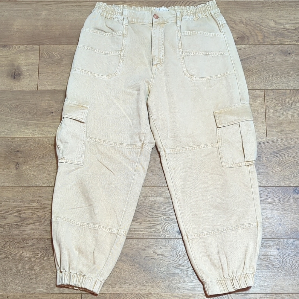 Free People Platoon Cargo Pants Khaki denim joggers jeans L - Picture 2 of 15